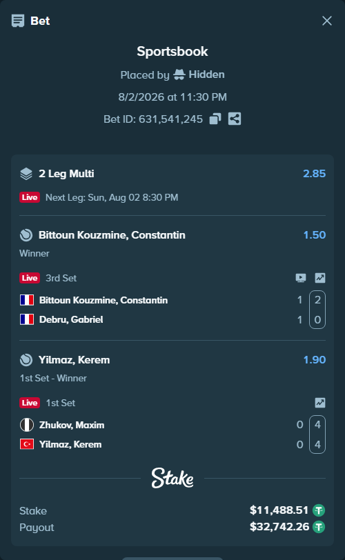 Bet slip: Zhukov, Maxim - Yilmaz, Kerem, $11,500.00 stake at 1.90 odds, placed by Hidden