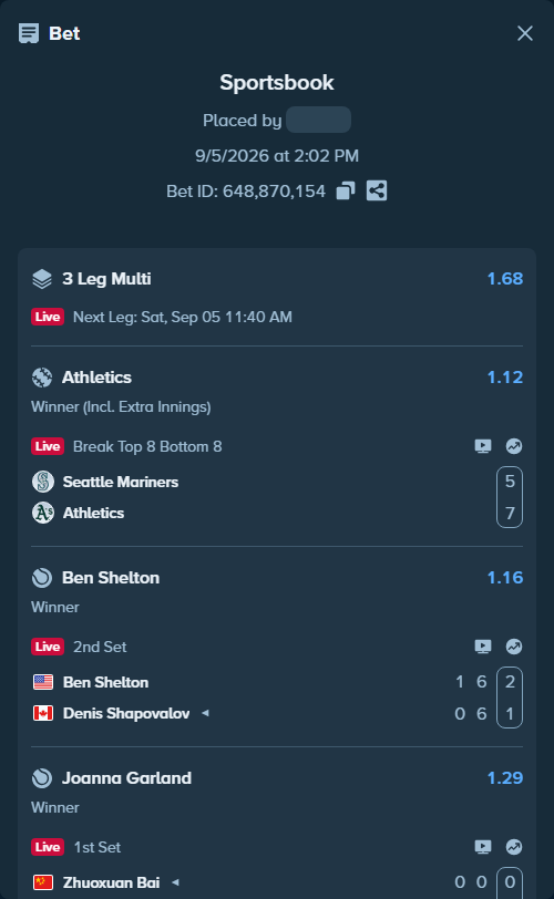 Bet slip: Zhuoxuan Bai - Joanna Garland, $17,000.00 stake at 1.29 odds, placed by Nt95