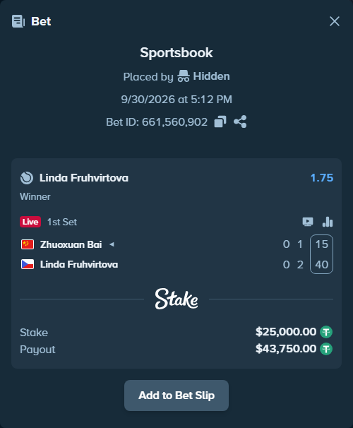 Bet slip: Zhuoxuan Bai - Linda Fruhvirtova, $25,000.00 stake at 1.75 odds, placed by Hidden