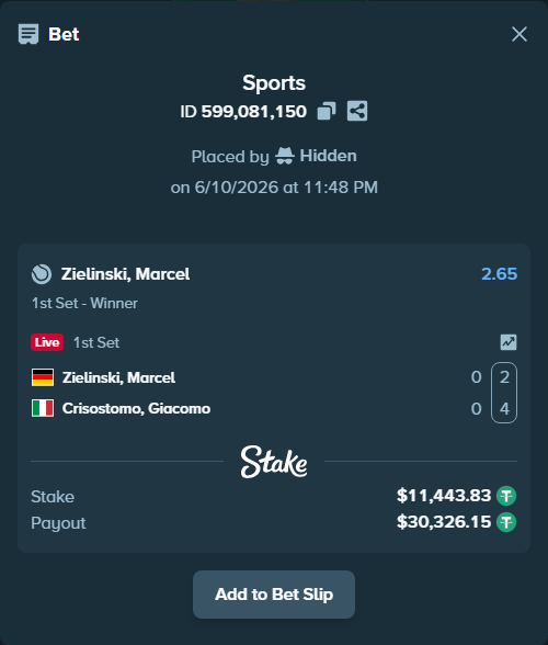 Bet slip: Zielinski, Marcel - Crisostomo, Giacomo, $11,455.28 stake at 2.65 odds, placed by Hidden