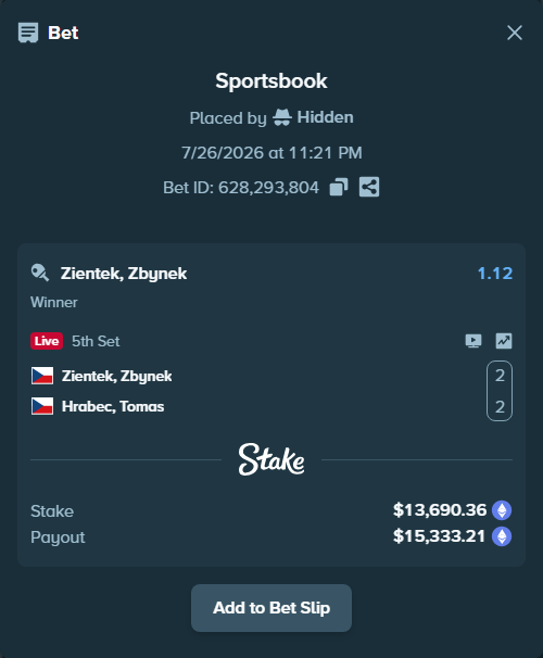 Bet slip: Zientek, Zbynek - Hrabec, Tomas, $13,812.08 stake at 1.12 odds, placed by Hidden