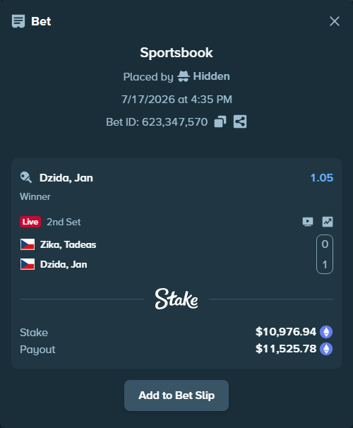 Bet slip: Zika, Tadeas - Dzida, Jan, $11,414.93 stake at 1.05 odds, placed by Hidden