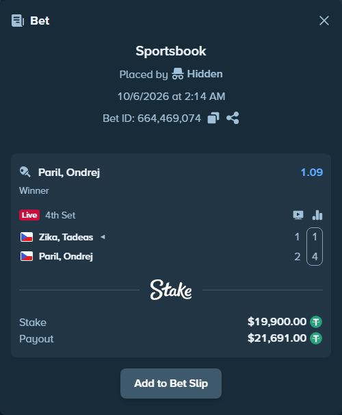 Bet slip: Zika, Tadeas - Paril, Ondrej, $19,900.00 stake at 1.09 odds, placed by Hidden