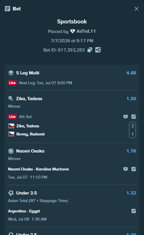 Bet slip: Zika, Tadeas - Revay, Radomir, $14,999.98 stake at 1.20 odds, placed by AsTraL11