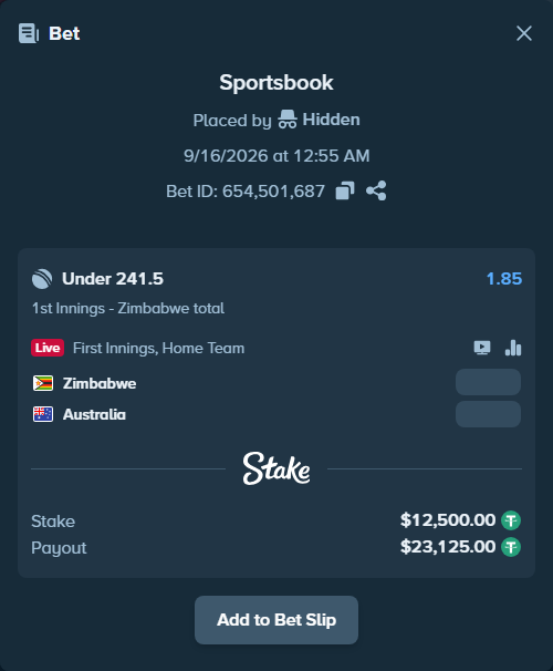 Bet slip: Zimbabwe - Australia, $12,500.00 stake at 1.85 odds, placed by Hidden