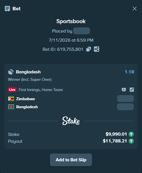 Bet slip: Zimbabwe - Bangladesh, $10,000.00 stake at 1.18 odds, placed by Raja6457