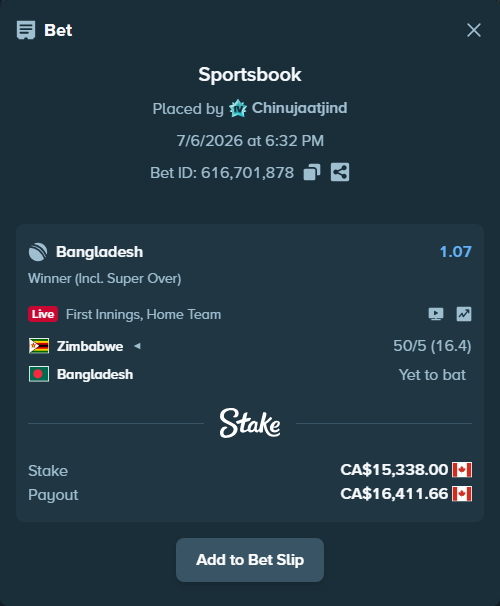 Bet slip: Zimbabwe - Bangladesh, $11,350.12 stake at 1.07 odds, placed by Chinujaatjind