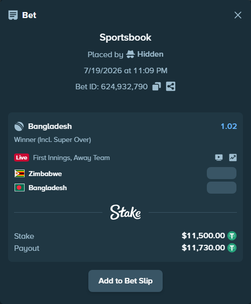 Bet slip: Zimbabwe - Bangladesh, $11,500.00 stake at 1.02 odds, placed by Hidden
