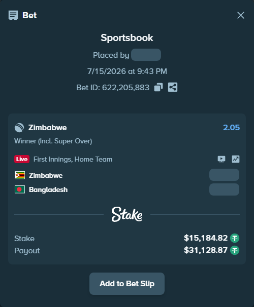 Bet slip: Zimbabwe - Bangladesh, $15,200.00 stake at 2.05 odds, placed by Munni12300