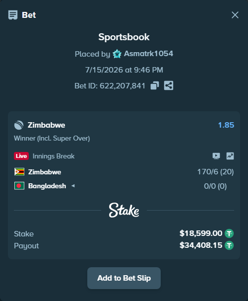 Bet slip: Zimbabwe - Bangladesh, $18,617.60 stake at 1.85 odds, placed by Asmatrk1054