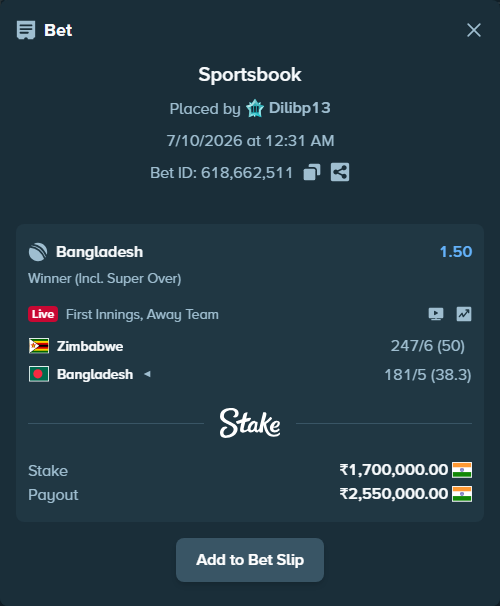 Bet slip: Zimbabwe - Bangladesh, $20,400.00 stake at 1.50 odds, placed by Dilibp13