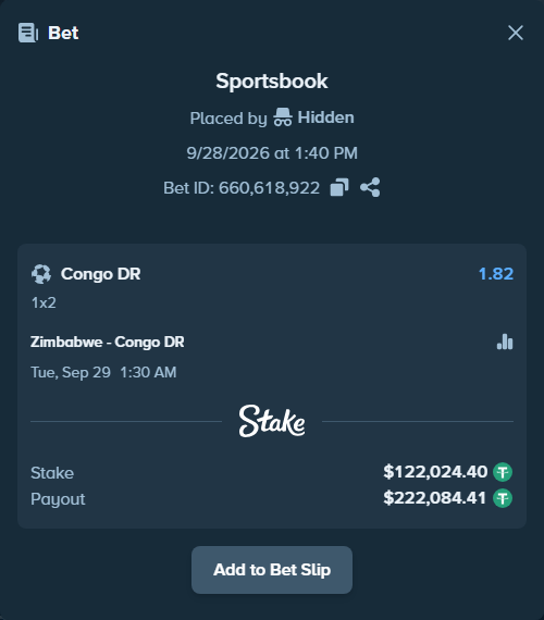 Bet slip: Zimbabwe - Congo DR, $122,000.00 stake at 1.82 odds, placed by Hidden