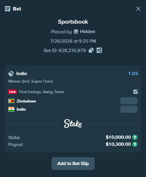 Bet slip: Zimbabwe - India, $10,000.00 stake at 1.03 odds, placed by Hidden