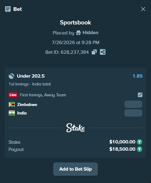 Bet slip: Zimbabwe - India, $10,000.00 stake at 1.85 odds, placed by Hidden
