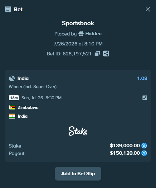 Bet slip: Zimbabwe - India, $139,000.00 stake at 1.08 odds, placed by Hidden