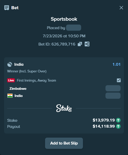 Bet slip: Zimbabwe - India, $13,993.17 stake at 1.01 odds, placed by sanchit86