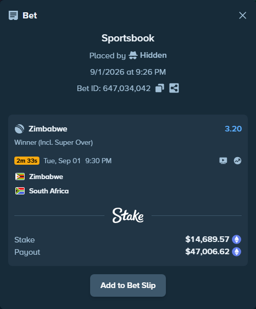 Bet slip: Zimbabwe - South Africa, $14,631.38 stake at 3.20 odds, placed by Hidden
