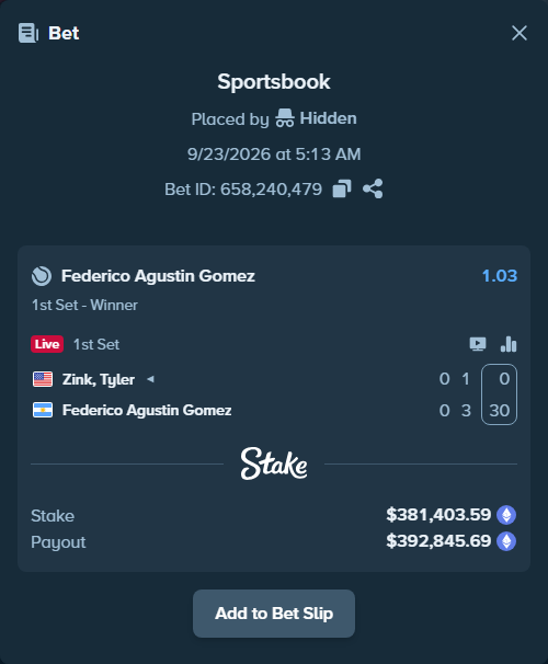 Bet slip: Zink, Tyler - Federico Agustin Gomez, $381,567.22 stake at 1.03 odds, placed by Hidden