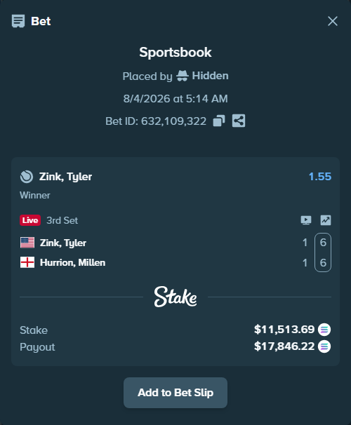 Bet slip: Zink, Tyler - Hurrion, Millen, $11,303.82 stake at 1.55 odds, placed by Hidden