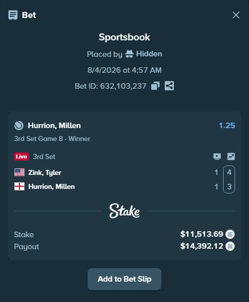Bet slip: Zink, Tyler - Hurrion, Millen, $11,303.82 stake at 1.25 odds, placed by Hidden