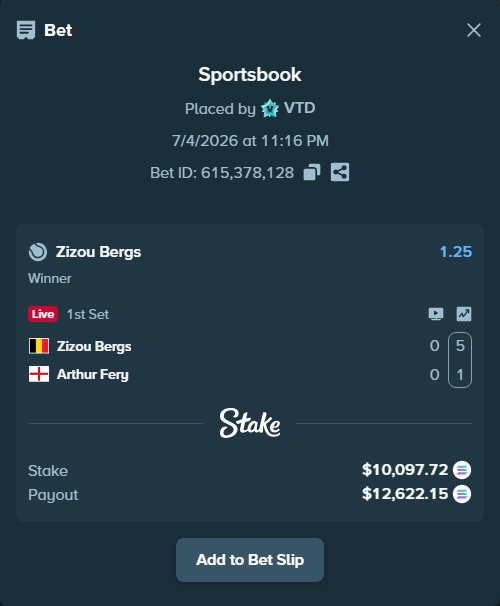 Bet slip: Zizou Bergs - Arthur Fery, $10,187.84 stake at 1.25 odds, placed by VTD