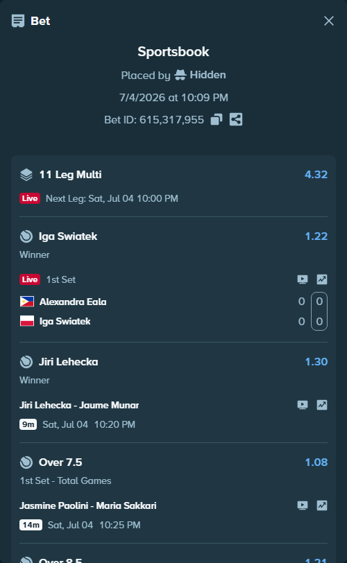 Bet slip: Zizou Bergs - Arthur Fery, $125,125.00 stake at 1.21 odds, placed by Hidden