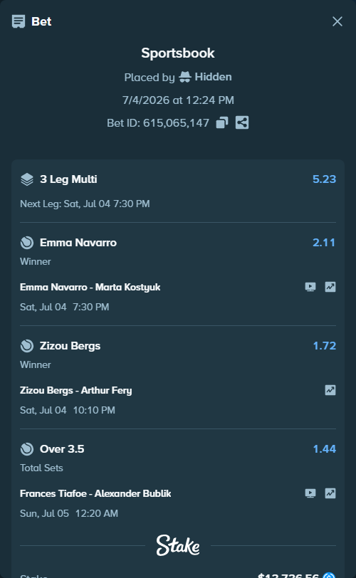 Bet slip: Zizou Bergs - Arthur Fery, $13,736.56 stake at 1.72 odds, placed by Hidden