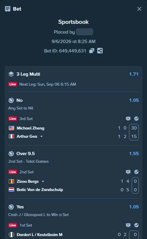 Bet slip: Zizou Bergs - Botic Van de Zandschulp, $12,000.00 stake at 1.55 odds, placed by i3btc