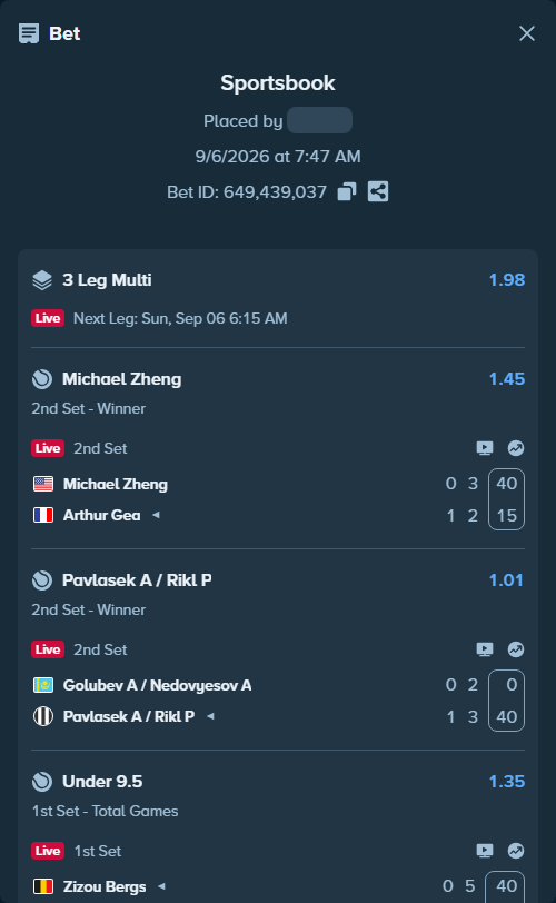 Bet slip: Zizou Bergs - Botic Van de Zandschulp, $13,000.00 stake at 1.35 odds, placed by i3btc