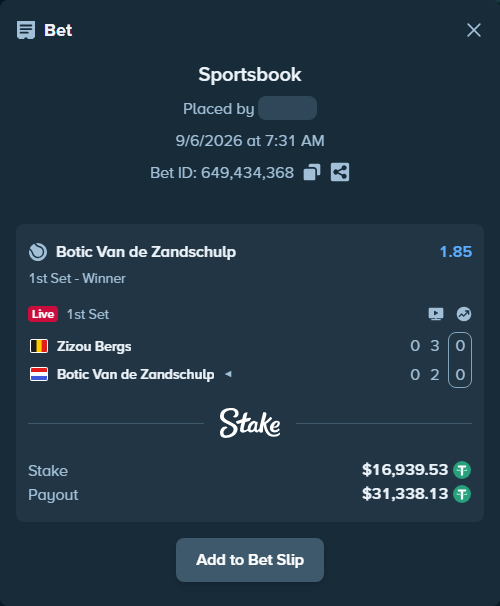 Bet slip: Zizou Bergs - Botic Van de Zandschulp, $16,937.84 stake at 1.85 odds, placed by Elantari36