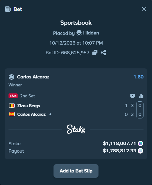 Bet slip: Zizou Bergs - Carlos Alcaraz, $1,108,447.81 stake at 1.60 odds, placed by Prettylfacko98