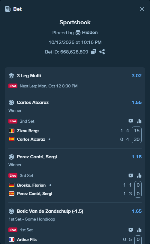Bet slip: Zizou Bergs - Carlos Alcaraz, $15,015.00 stake at 1.55 odds, placed by OVOPhantuums