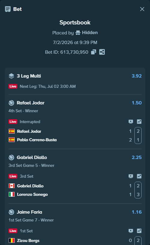 Bet slip: Zizou Bergs - Jaime Faria, $10,000.00 stake at 1.16 odds, placed by Hidden