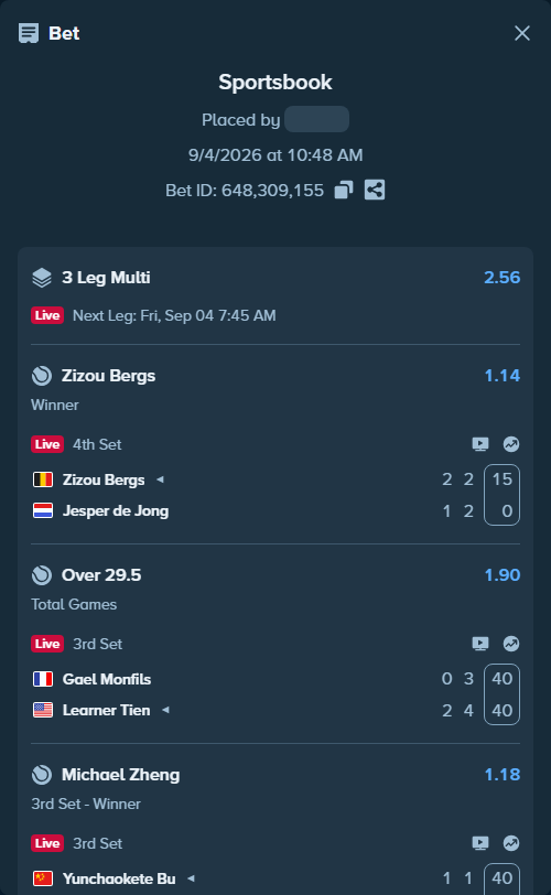 Bet slip: Zizou Bergs - Jesper de Jong, $30,000.00 stake at 1.14 odds, placed by Adams1245