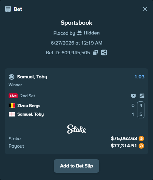 Bet slip: Zizou Bergs - Samuel, Toby, $76,165.03 stake at 1.03 odds, placed by Hidden