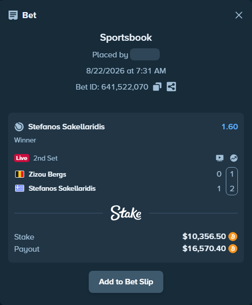 Bet slip: Zizou Bergs - Stefanos Sakellaridis, $10,225.83 stake at 1.60 odds, placed by messrjaysr