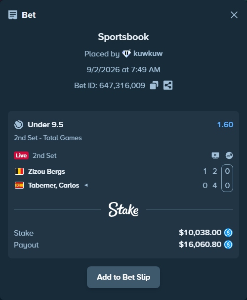 Bet slip: Zizou Bergs - Taberner, Carlos, $10,038.00 stake at 1.60 odds, placed by kuwkuw