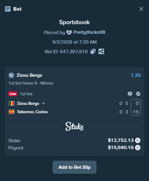 Bet slip: Zizou Bergs - Taberner, Carlos, $12,810.44 stake at 1.25 odds, placed by Prettylfacko98
