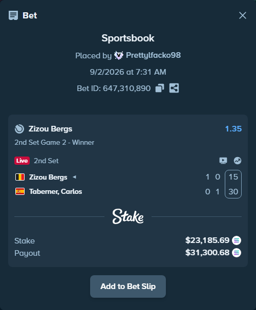 Bet slip: Zizou Bergs - Taberner, Carlos, $23,222.39 stake at 1.35 odds, placed by Prettylfacko98