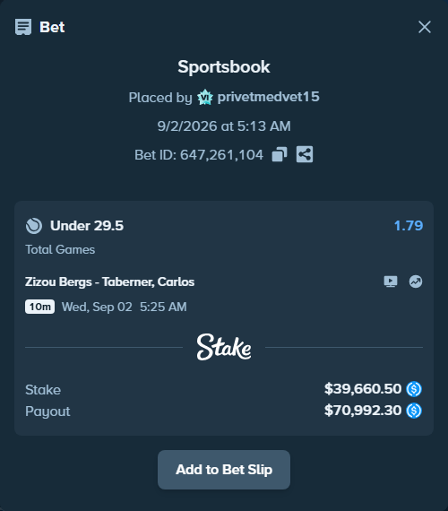 Bet slip: Zizou Bergs - Taberner, Carlos, $39,660.50 stake at 1.79 odds, placed by privetmedvet15