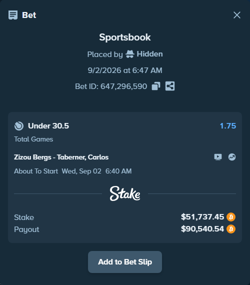 Bet slip: Zizou Bergs - Taberner, Carlos, $51,980.61 stake at 1.75 odds, placed by Hidden