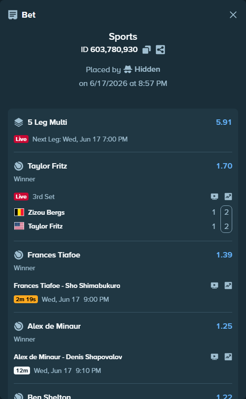 Bet slip: Zizou Bergs - Taylor Fritz, $12,000.00 stake at 1.70 odds, placed by Hidden