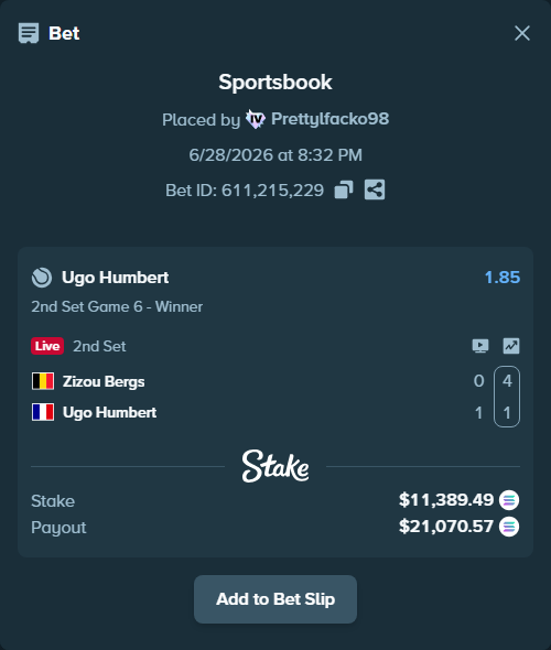 Bet slip: Zizou Bergs - Ugo Humbert, $13,127.56 stake at 1.85 odds, placed by Prettylfacko98