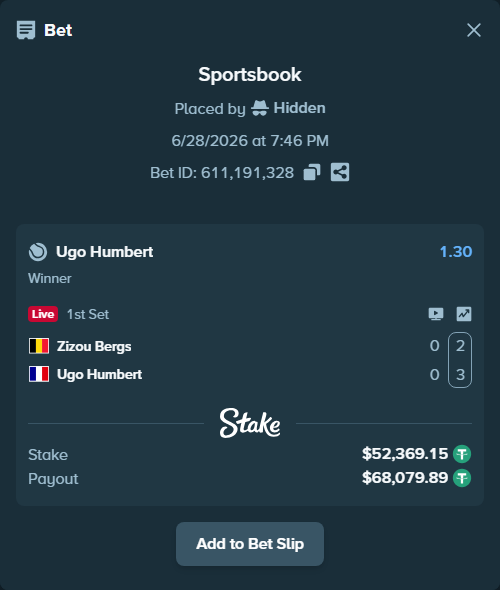 Bet slip: Zizou Bergs - Ugo Humbert, $52,421.52 stake at 1.30 odds, placed by Hidden