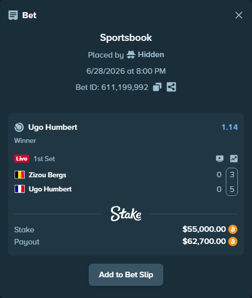 Bet slip: Zizou Bergs - Ugo Humbert, $57,240.27 stake at 1.14 odds, placed by Hidden