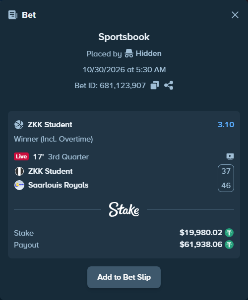 Bet slip: ZKK Student - Saarlouis Royals, $20,000.00 stake at 3.10 odds, placed by Hidden