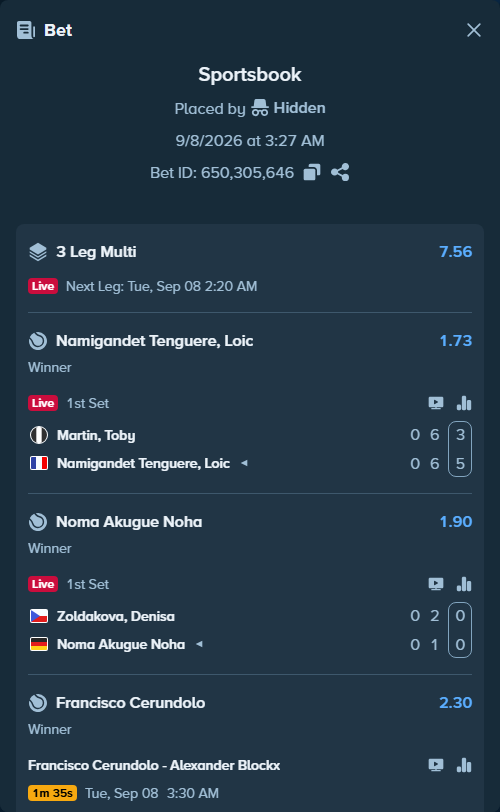Bet slip: Zoldakova, Denisa - Noma Akugue Noha, $20,000.00 stake at 1.90 odds, placed by Hidden