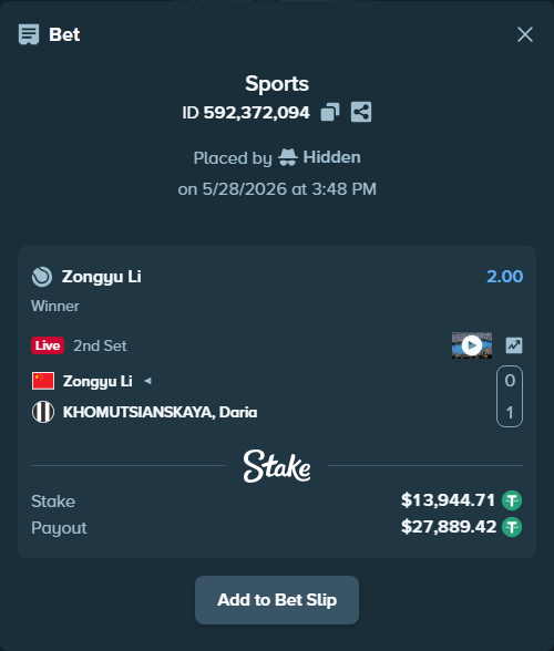 Bet slip: Zongyu Li - Daria Khomutsianskaya, $13,972.60 stake at 2.00 odds, placed by Hidden