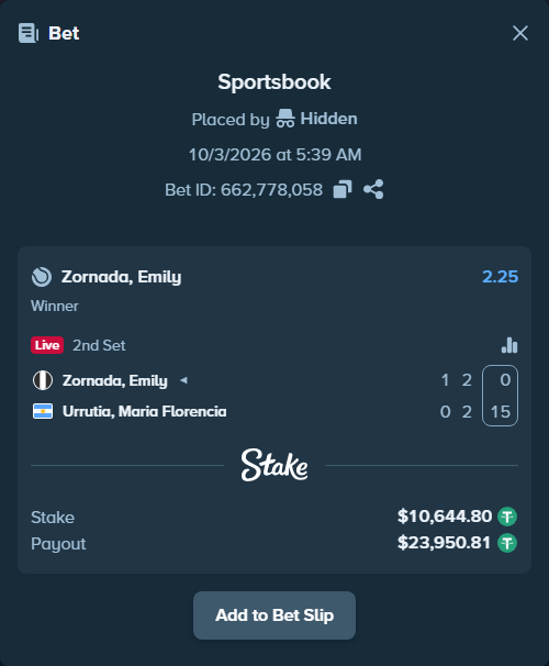 Bet slip: Zornada, Emily - Urrutia, Maria Florencia, $10,644.80 stake at 2.25 odds, placed by Hidden