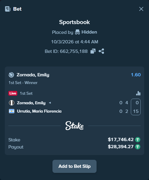 Bet slip: Zornada, Emily - Urrutia, Maria Florencia, $17,746.42 stake at 1.60 odds, placed by Hidden